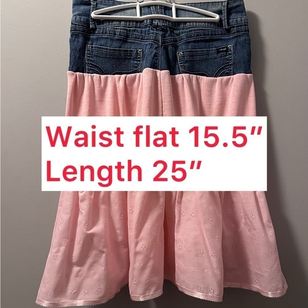 Pink skirt up cycle hand made denim rib knit eyelet size 9 - Picture 2 of 7